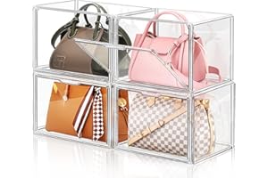 DILIBRA 4 Packs Clear Plastic Handbag Storage Organizer for Closet, Large Acrylic Display Box forPurse and Handbag, Stackable Storage Boxes Bag Organizer with Magnetic Door for Purse Clutch Wallet Book
