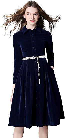 Amazon ベルト レディース 七分袖 ミディワンピース 優雅な欧美風 ドレス Aライン ベルベットワンピース 襟付き 可愛い 秋冬 ワンピース チュニック 通販