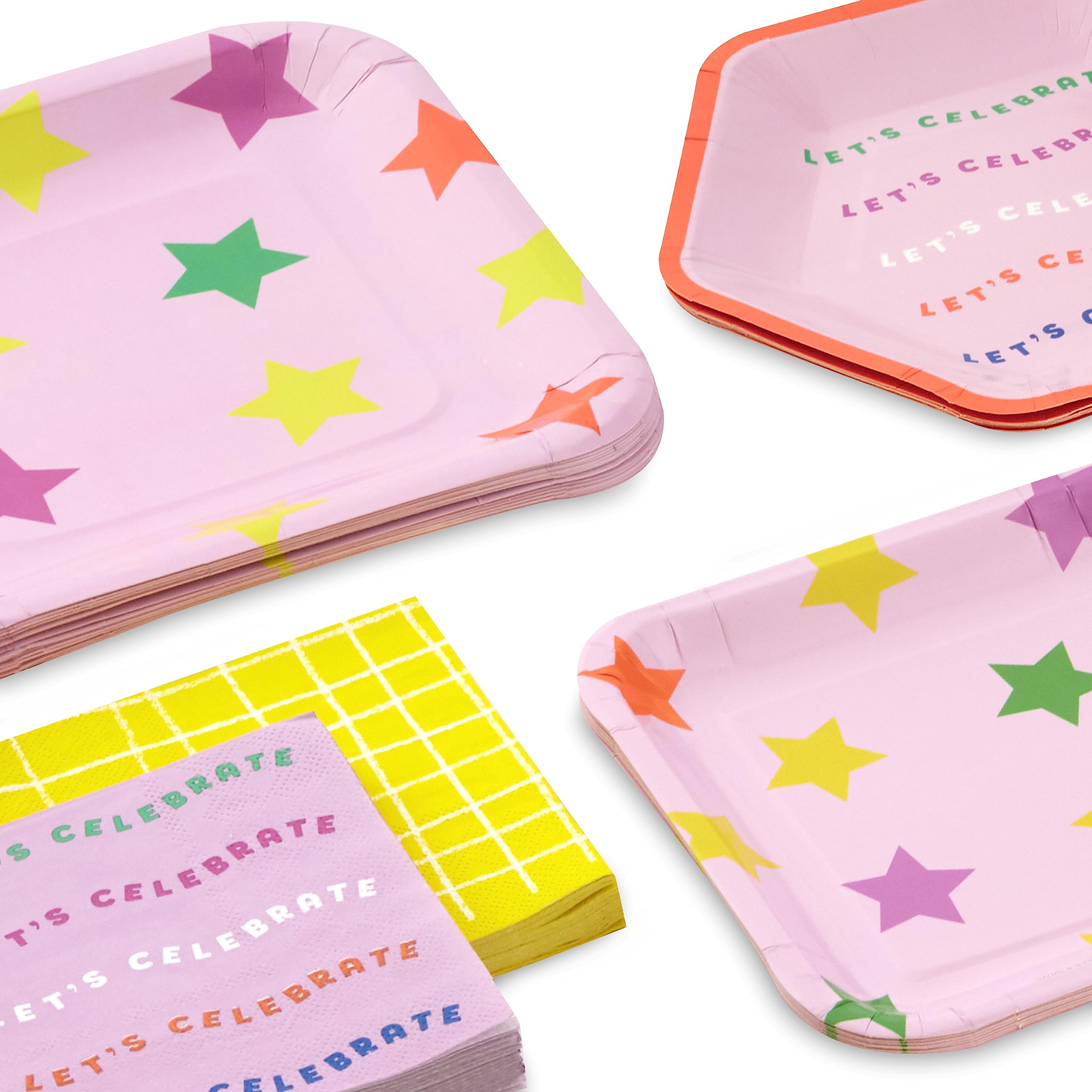 Hallmark Pink and Yellow Party Supplies (16 Square Dinner Plates, 8 Square Dessert Plates, 8 Hexagonal Dessert Plates, 32 Beverage Napkins) for Birthdays, Bridal Showers, Graduations