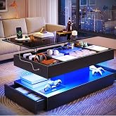 DreamDashio LED Lift Top Coffee Table with Drawers &amp; Power Outlet, Black | 43.3" Modern High-Gloss Coffee Table with RGB LED Light, 2-Tier Storage Center Table for Living Room, Home Office