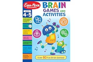 Evan-Moor Brain Games and Activities for Kids, Ages 4-5, Workbook, Hidden Pictures, Mazes, Sticker Activities, Logic Puzzles, Drawing, Critical Thinking, Audio, Alphabet, Word Families, Counting