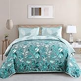 WONGS BEDDING Aqua Quilt Set King Size, 3 Pieces Floral Botancal Leaves Gradient Bedspread Coverlet Set with 2 Pillowcases for All Season, Soft Microfiber Floral Bedding Set 104"×90"