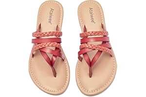 Ataiwee Women's Slide Flat Sandals - Comfortable Slip On Plait Toe Thong Strappy Spring Summer Shoes.