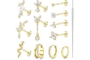 Thunaraz 20G 18G Threadless Flat Back Earrings Hypoallergenic Push in Stud Earrings 14K Gold Plated 316L Surgical Steel Stud 