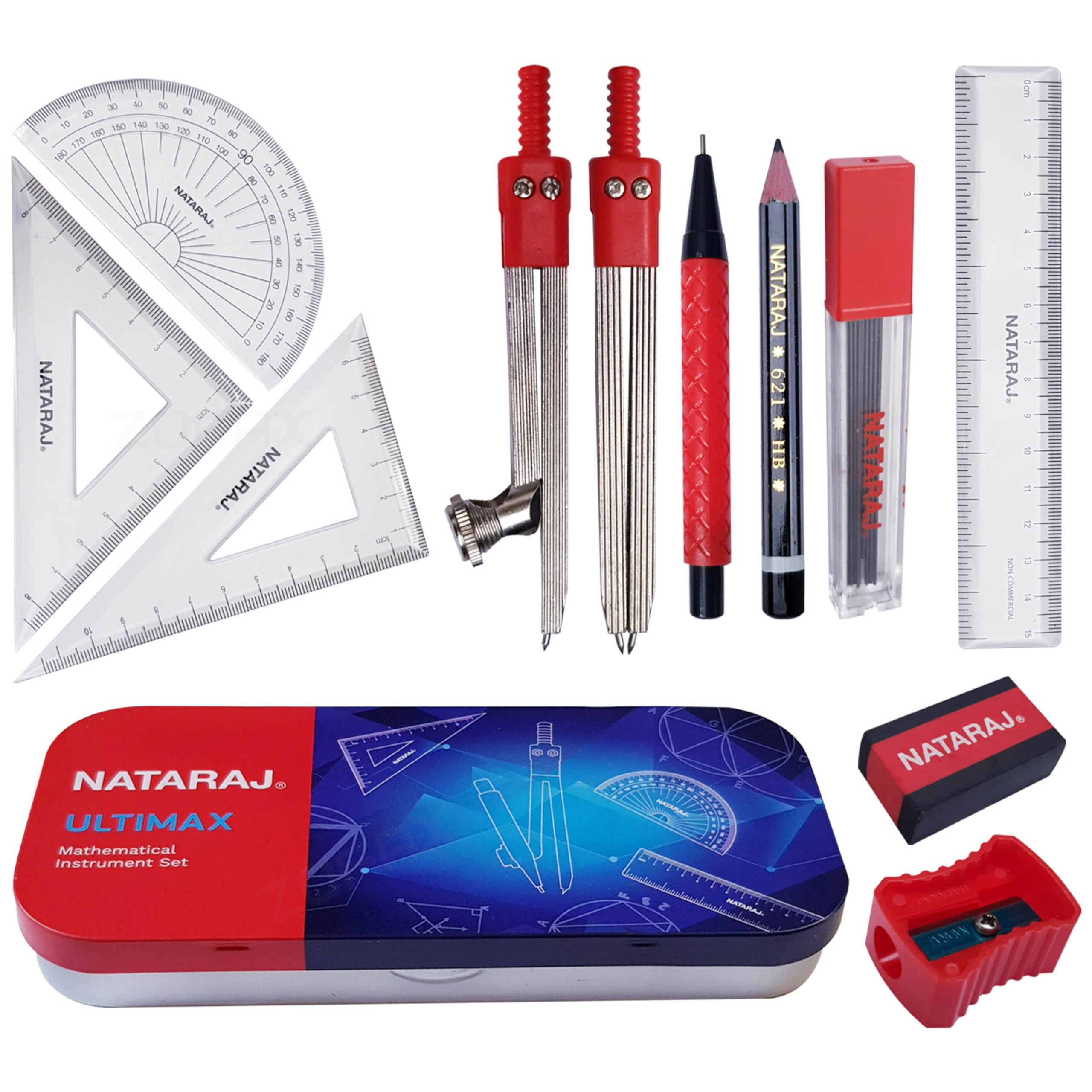 11 Pcs Ultimate Maths Geometry Set, Maths Compass Protractor Divider Ruler Squares Mechanical Pencil Sharpener Eraser 0.7mm Lead, Ideal for Student Exam Instrument Tin Case, iZOFAX Black Ball Pen