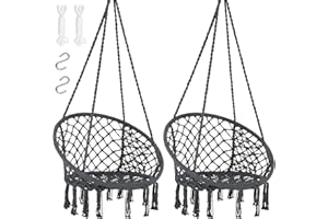 SUNCREAT Hammock Chair Hanging Macrame Swing with Hardware Kits, Max 330 Lbs, Handmade Knitted Mesh Rope Swing Chair for Indoor, Outdoor, Bedroom, Patio, Yard, Garden, Pack of 2, Grey
