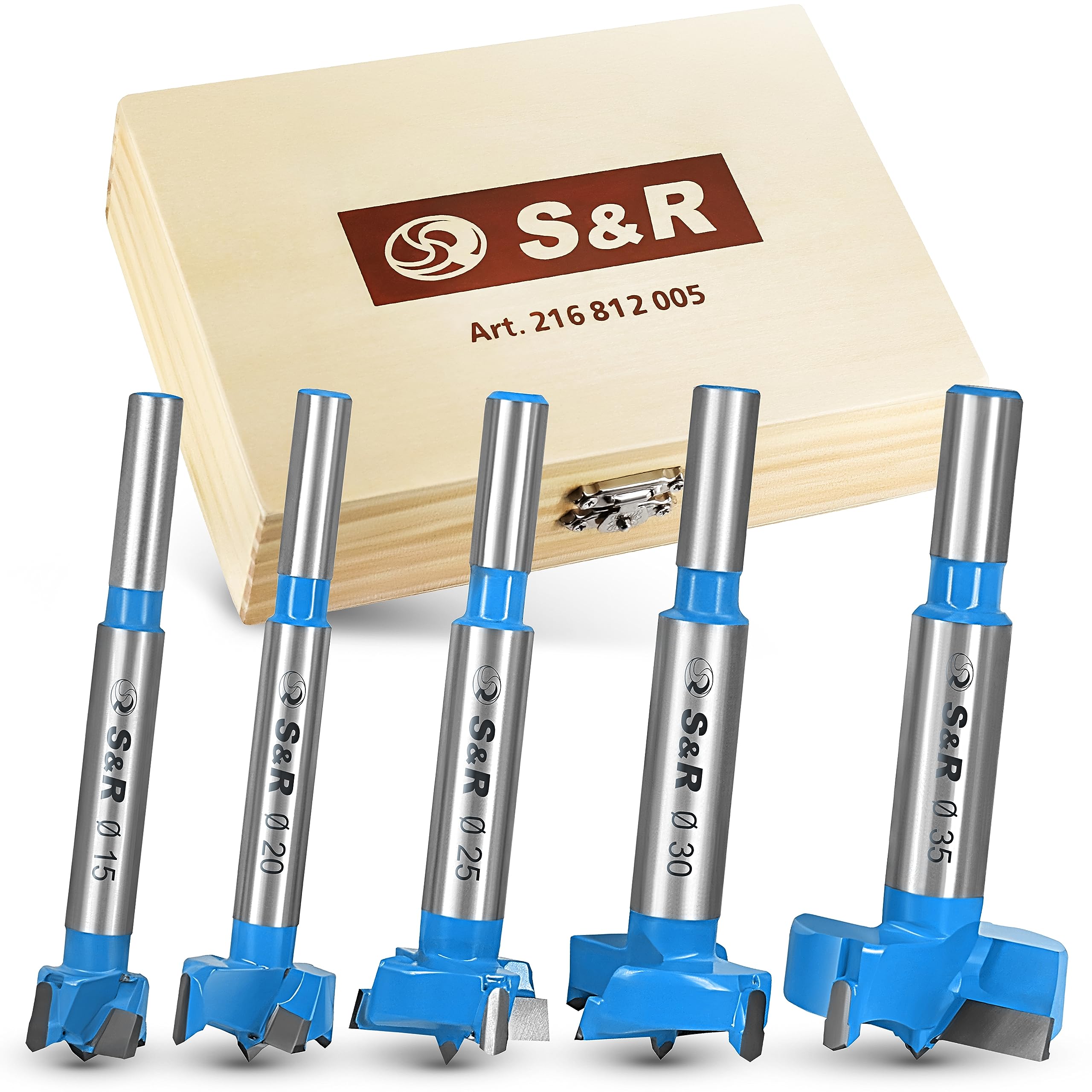 S&R Forstner Drill Bit Set for Wood 5-Piece: 15, 20, 25, 30, 35 mm in Wooden Box, Round Shaft, Forged Tool Steel, carbide cutting edges, Precision Woodworking Made Easy