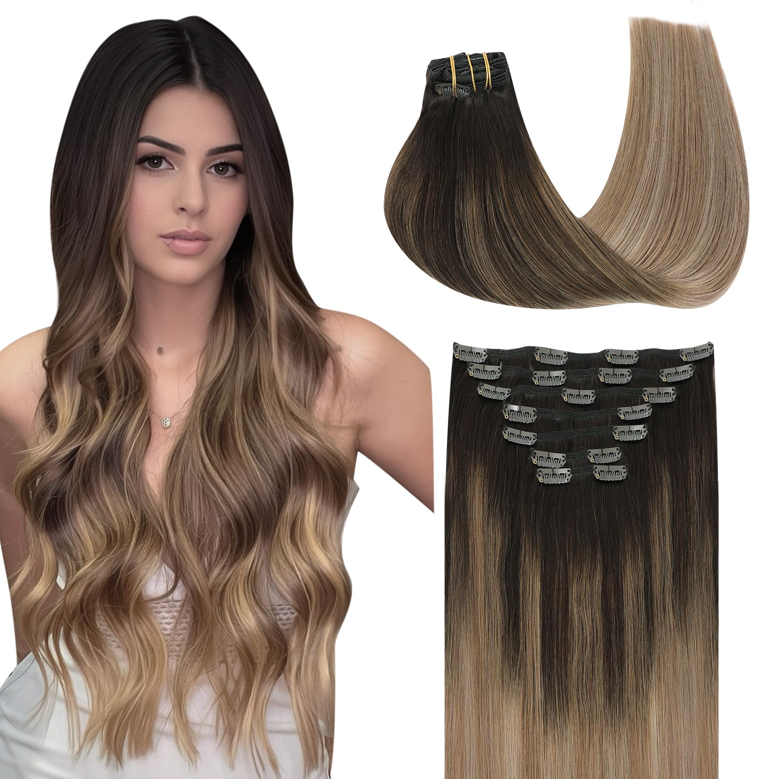 SURNEL Hair Extensions Clip in Human Hair Ombre Dark Brown to Chestnut Brown and Dirty Blonde Highlighted Remy Human Hair Extensions Silky Straight 14inch 7Pcs 140g (7C#/2/6/18-14) — image 1