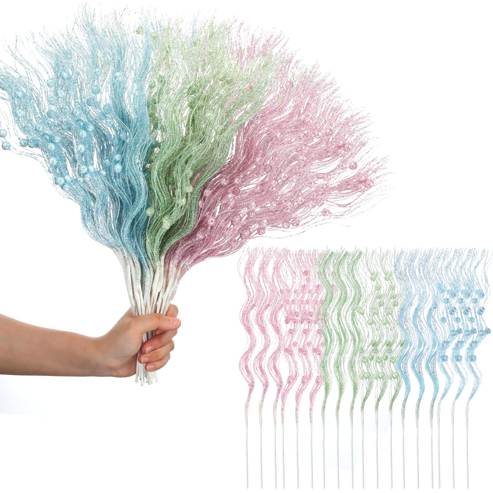 Photo 1 of Thiccywoov 36 Pack Pastel Christmas Tree Picks 17 Inch Artificial Glitter Berry Stem Ornaments Macaron Color Curly Spray Pick Twig for Xmas Tree Topper Vase Filler Wreath Floral Arrangement Decor Gift