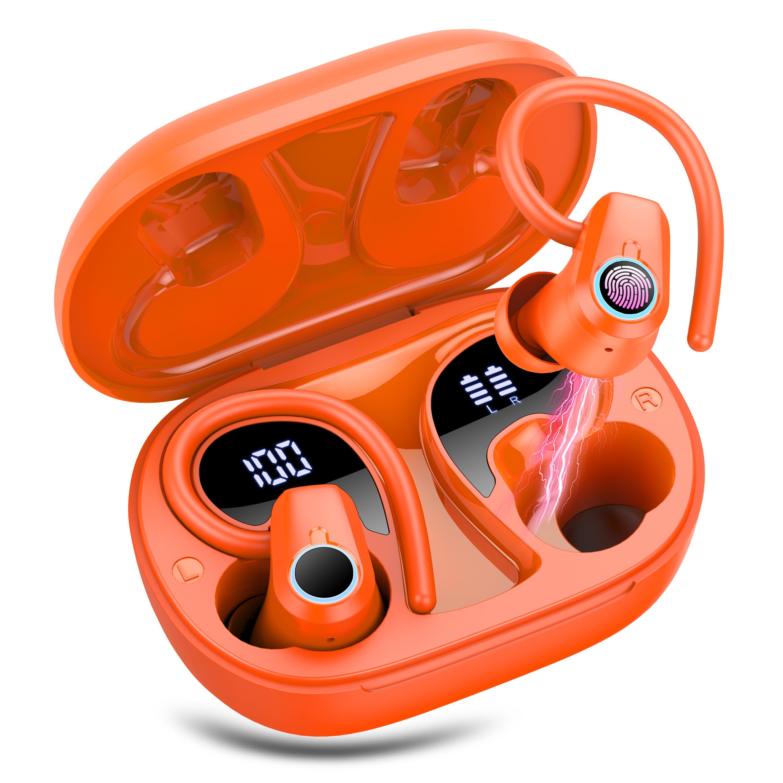 Wireless Earbuds, Bluetooth 5.3 Headphones with 4 ENC Noise Canceling Mic, 50H Stereo Dual LED Display Ear Buds, Sport Wireless Earphones with Earhooks, IP7 Waterproof Wireless Headphones Gym, Orange