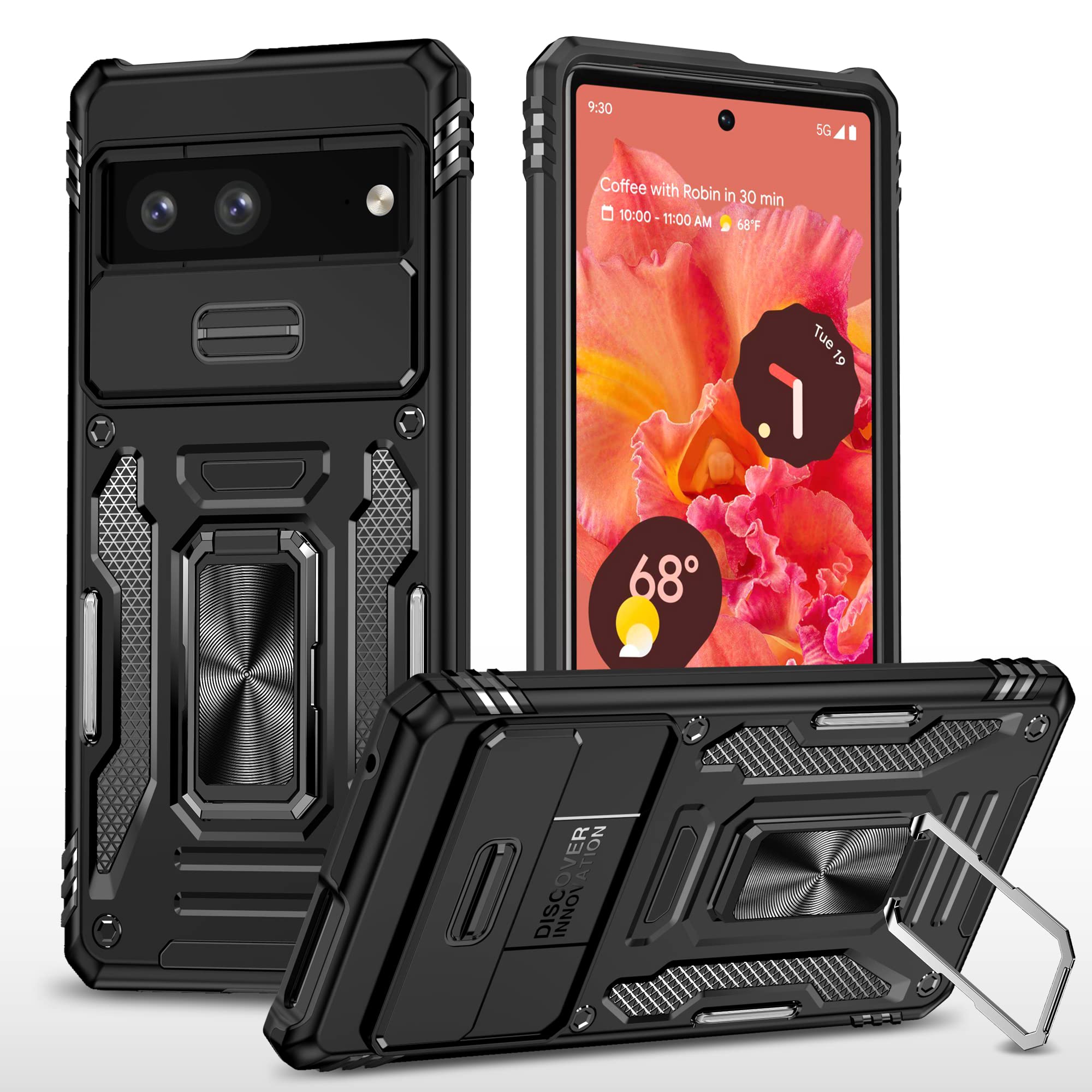 Google Pixel 7 Case with Slide Camera Protection Cover, Heavy Duty Military Grade Protective Cover Hybrid Soft TPU Hard PC Shockproof Phone Case for Google Pixel 7 5G 2022 with Stand, Black