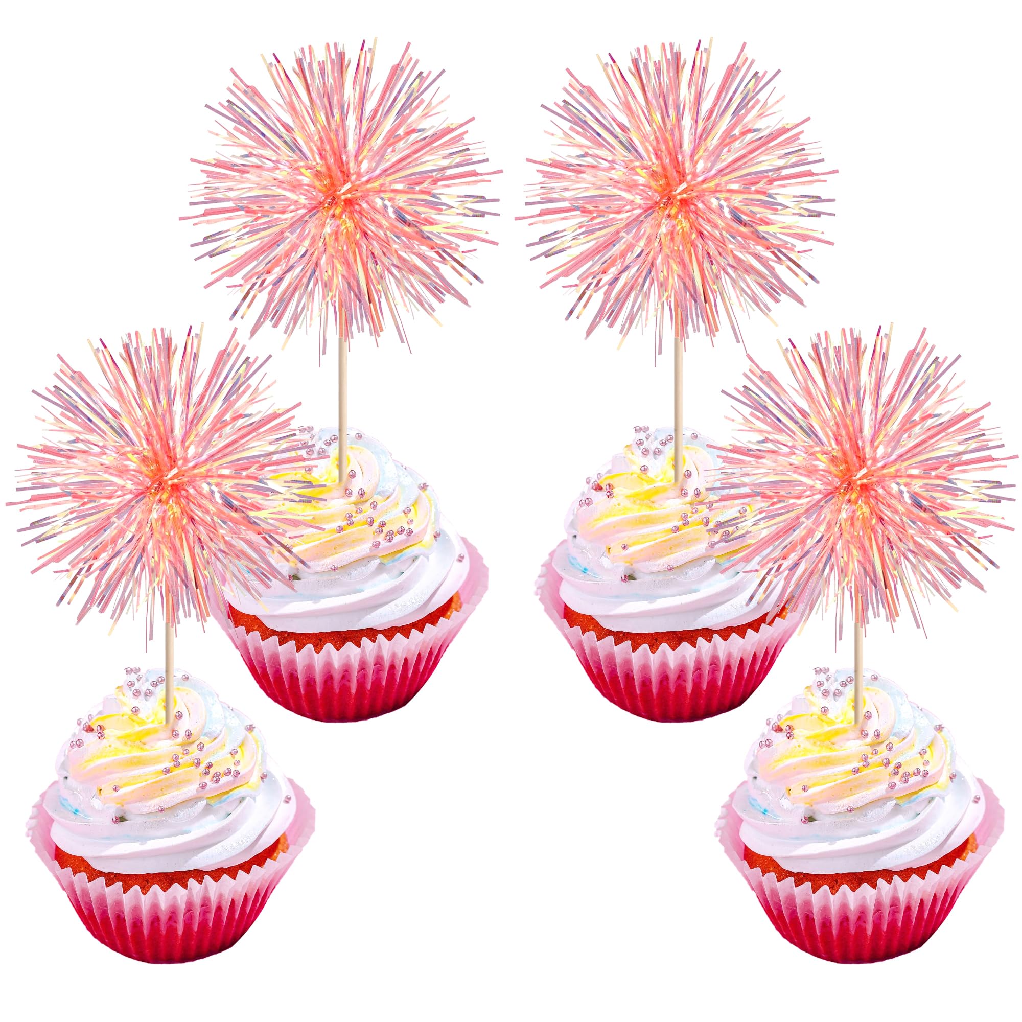 30 PCS Foil Firework Cupcake Toppers Happy Birthday Cupcake Toppers Sparkle Tinsel Flower Drink Stirrers Cocktail Fruit Toothpicks for Valentine's Day Baby Shower Party Cake Decor Supplies Orange
