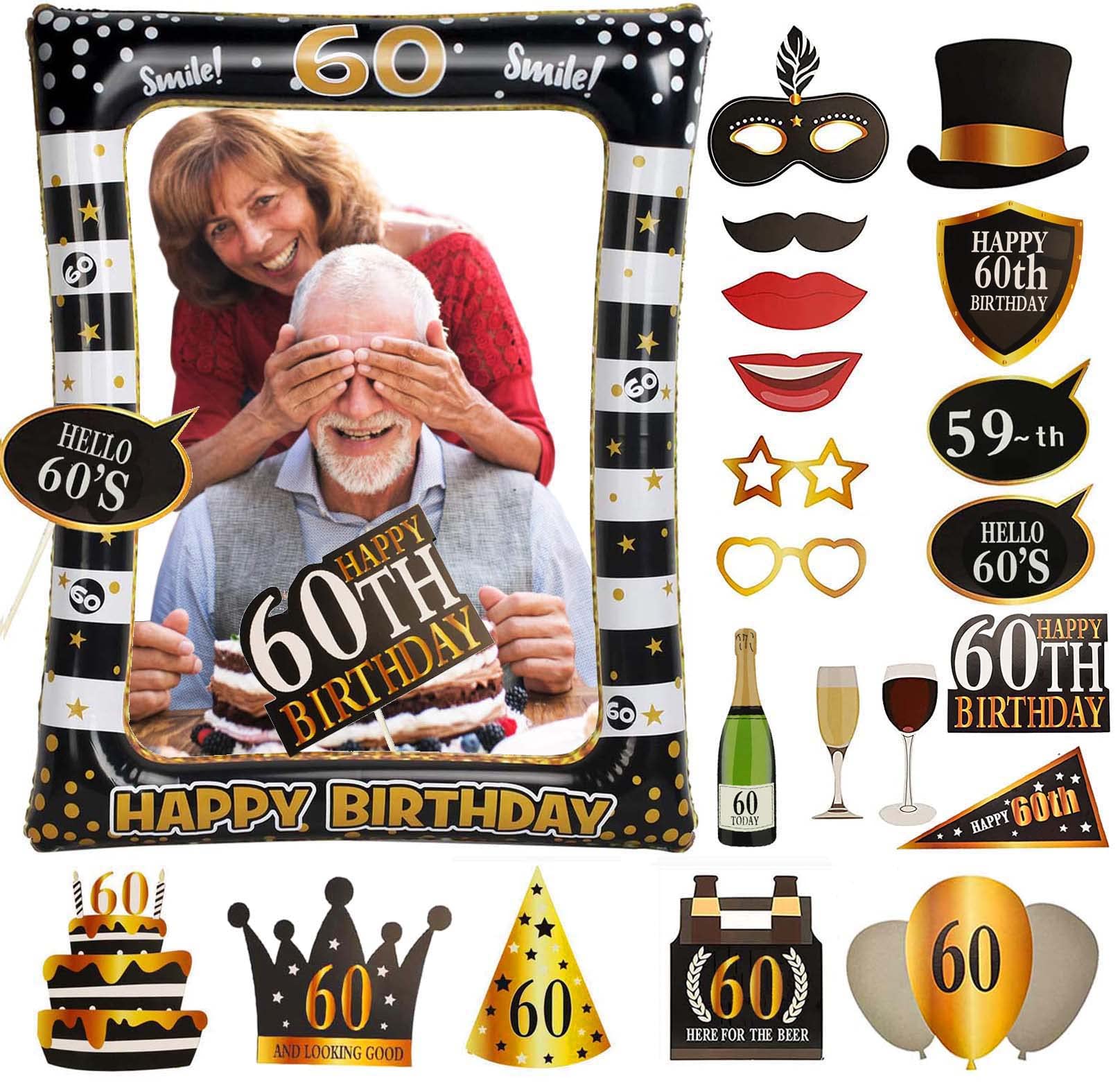 60th Birthday Photo Booth Frame, Happy 60th Birthday Party Decorations Black Gold Inflatable Selfie Frame and 24 Pcs Photo Booth Props Birth Party Supplies for Women Men