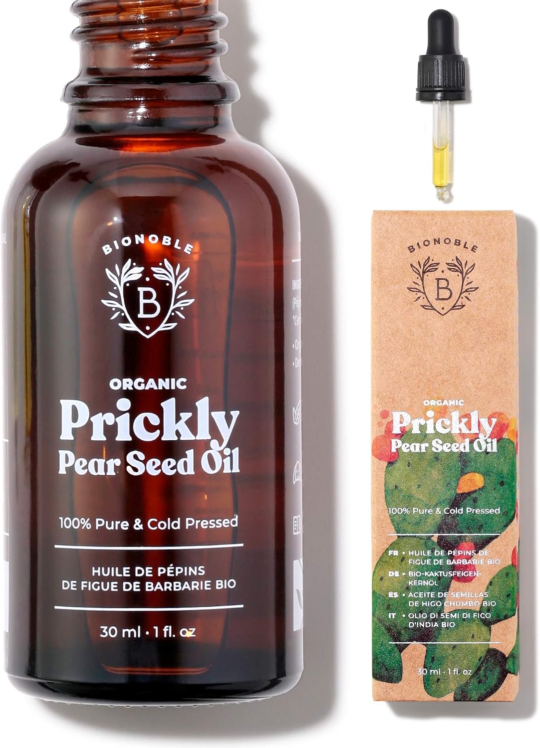 BIONOBLE Organic Prickly Pear Seed Oil, Cold-Pressed, 100% Pure, Hexane-Free, Moroccan Prickly Pear Oil for Face, Anti-Ageing