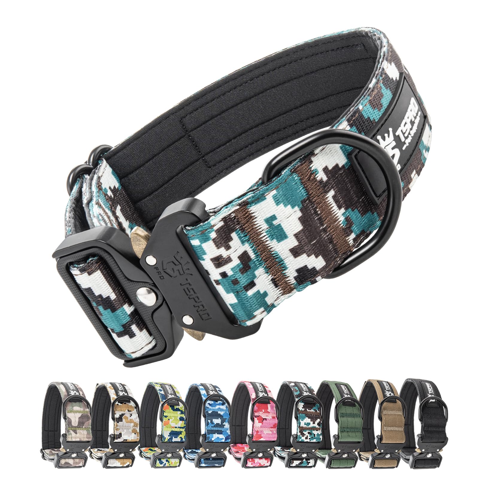 TSPRO Tactical Premium Dog Collar with Patch & Heavy Duty Quick Release Metal Buckle, Adjustable Thick Strong Collar for Medium Large Dogs (Camo Cyan, M) — image 1