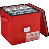 Handy Laundry, Christmas Ornament Storage - Stores up to 64 Holiday Ornaments, Adjustable Dividers, Covered Top, Two Handles. Storage Box Keeps Holiday Decorations Clean &amp; Dry for Next Season. (Red)