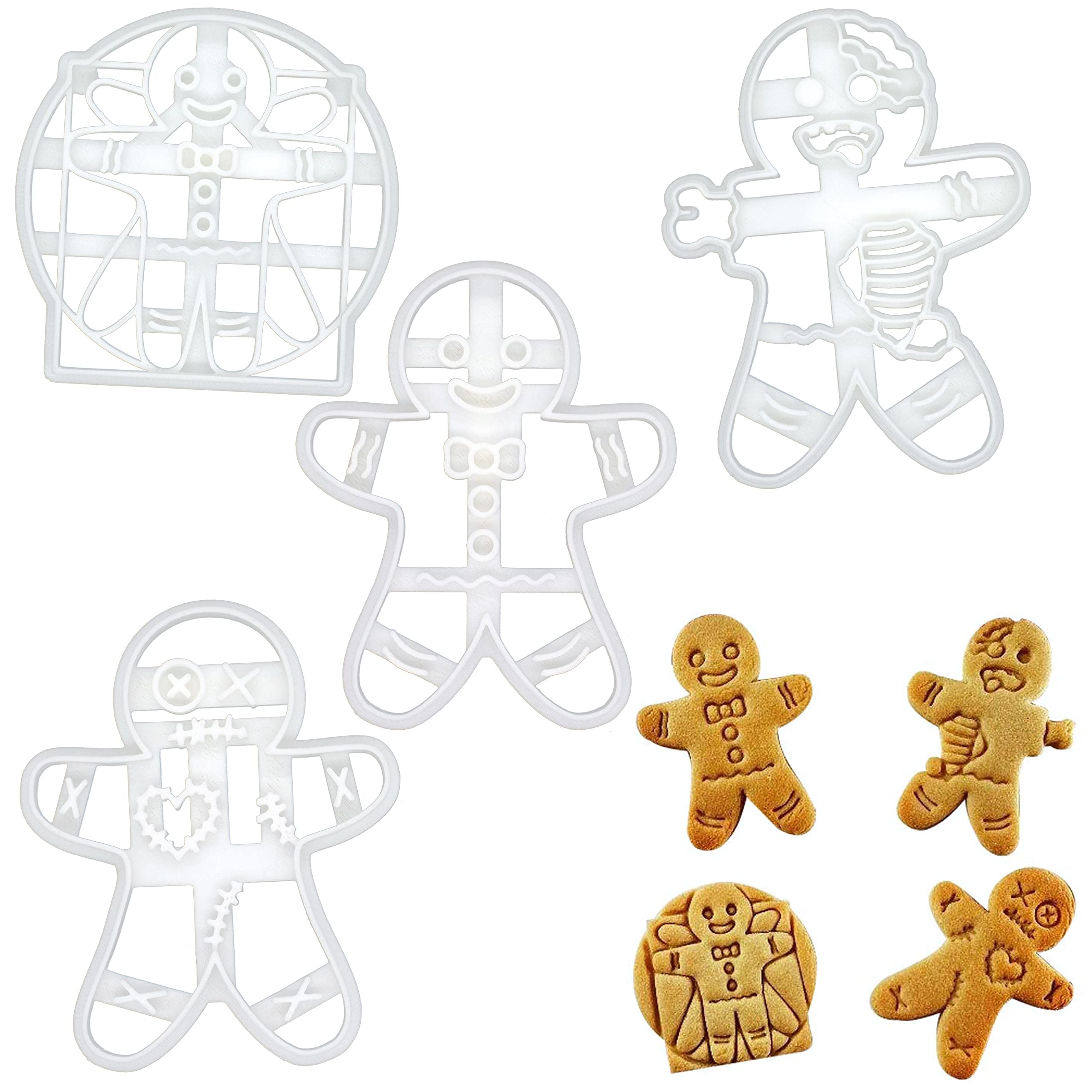 BAKERLOGY Set of 4 Gingerbread Man Cookie Cutters (Designs: Voodoo, Happy, Vitruvian and Zombie) - Detailed Biscuit Cutter Design for Baking and Crafts, Ideal on Fondant, Dough, Clay
