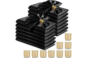 RUDONG M 100 Pcs Black Satin Napkins and Napkin Rings Set, 17 x 17 Inch Square Cloth Napkins Set of 50, Silky Soft Table Napkins Bulk for Weddings, Banquet, Parties Dinner Decoration