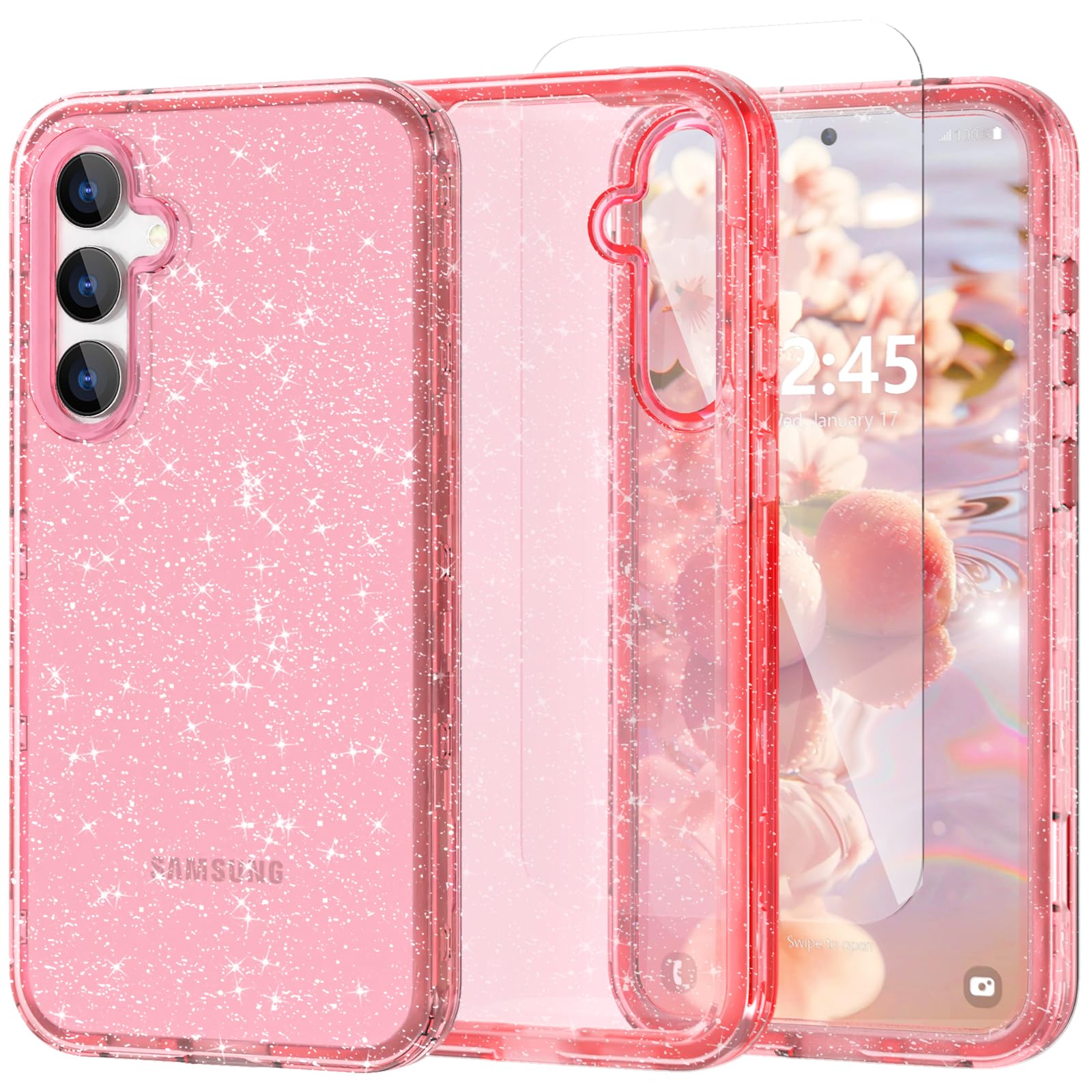 ACKETBOX for Samsung Galaxy S24 FE Case,Glitter Clear Case S24 FE,Shockproof Bumper Protective Phone Cover,Designed for Galaxy S24 FE 5G 6.7"(Pink Bling)