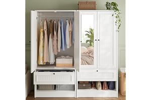 iPormis Wood Armoire Wardrobe Closet with Mirror Door and Drawer, 2 Doors Bedroom Storage Cabinet for Hanging Clothes, White