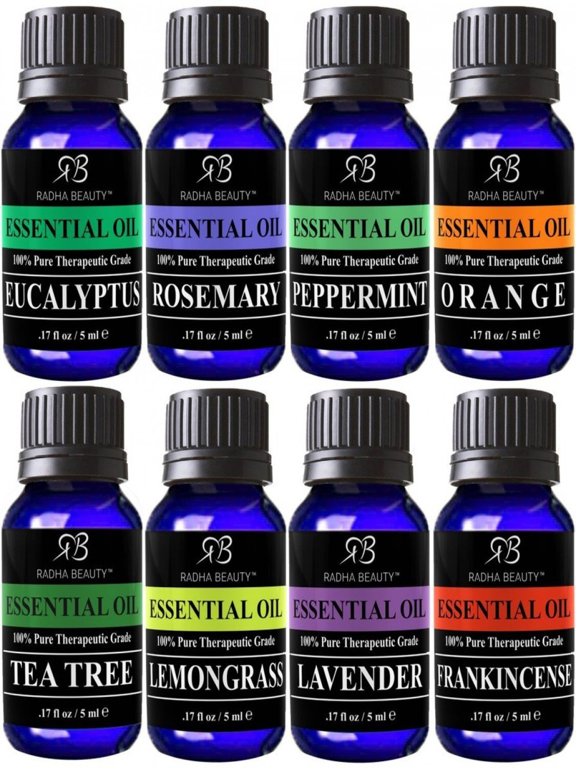 Radha Beauty Aromatherapy Top 8 Essential Oils 100% Pure & Therapeutic grade - Basic Sampler Gift Set & Kit (Lavender, Tea Tree, Eucalyptus, Lemongrass, Orange, Peppermint, Frankincense and Rosemary)