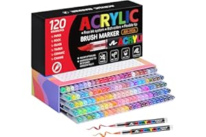 Tongfushop 120 Colors Acrylic Paint Markers, Water-Based Paint Pens with Auto Ink Control & Brush Tip - No Bleed on Rock Pain