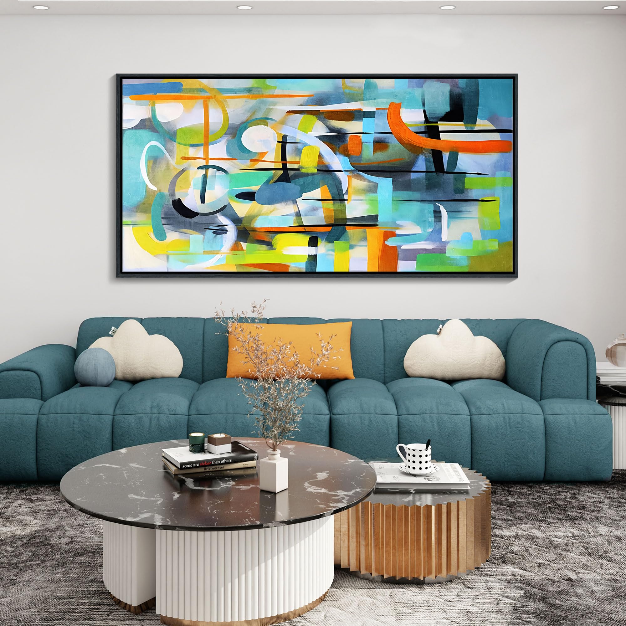 Photo 1 of Mofutinpo Abstract Wall Art Framed Pictures for Living Room Wall art - Large Modern Abstract Canvas Wall Decoration-Colorful Wall Art-Teal And Blue Line Art - Graffiti Paintings for Bedroom 29×58IN