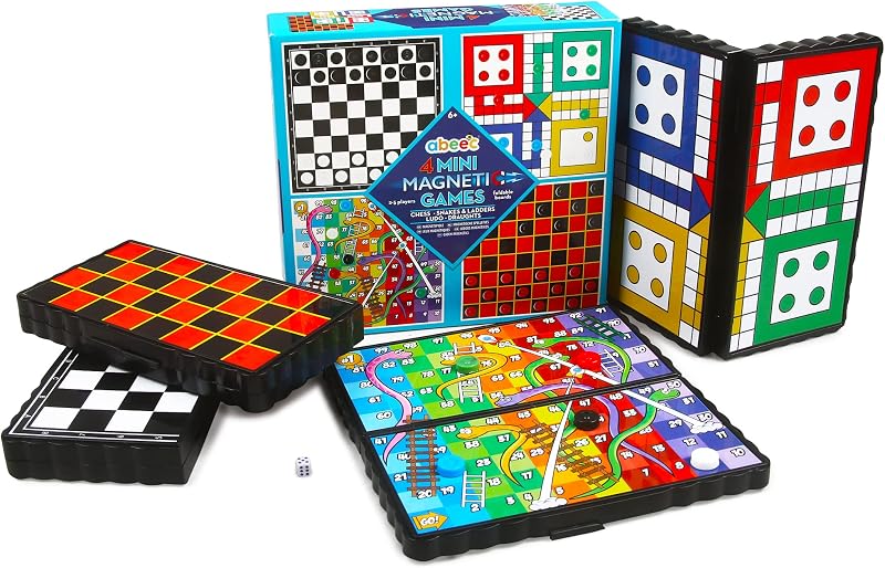 abeec 4 Mini Magnetic Travel Board Games Chess Snakes Ladders Ludo Draughts