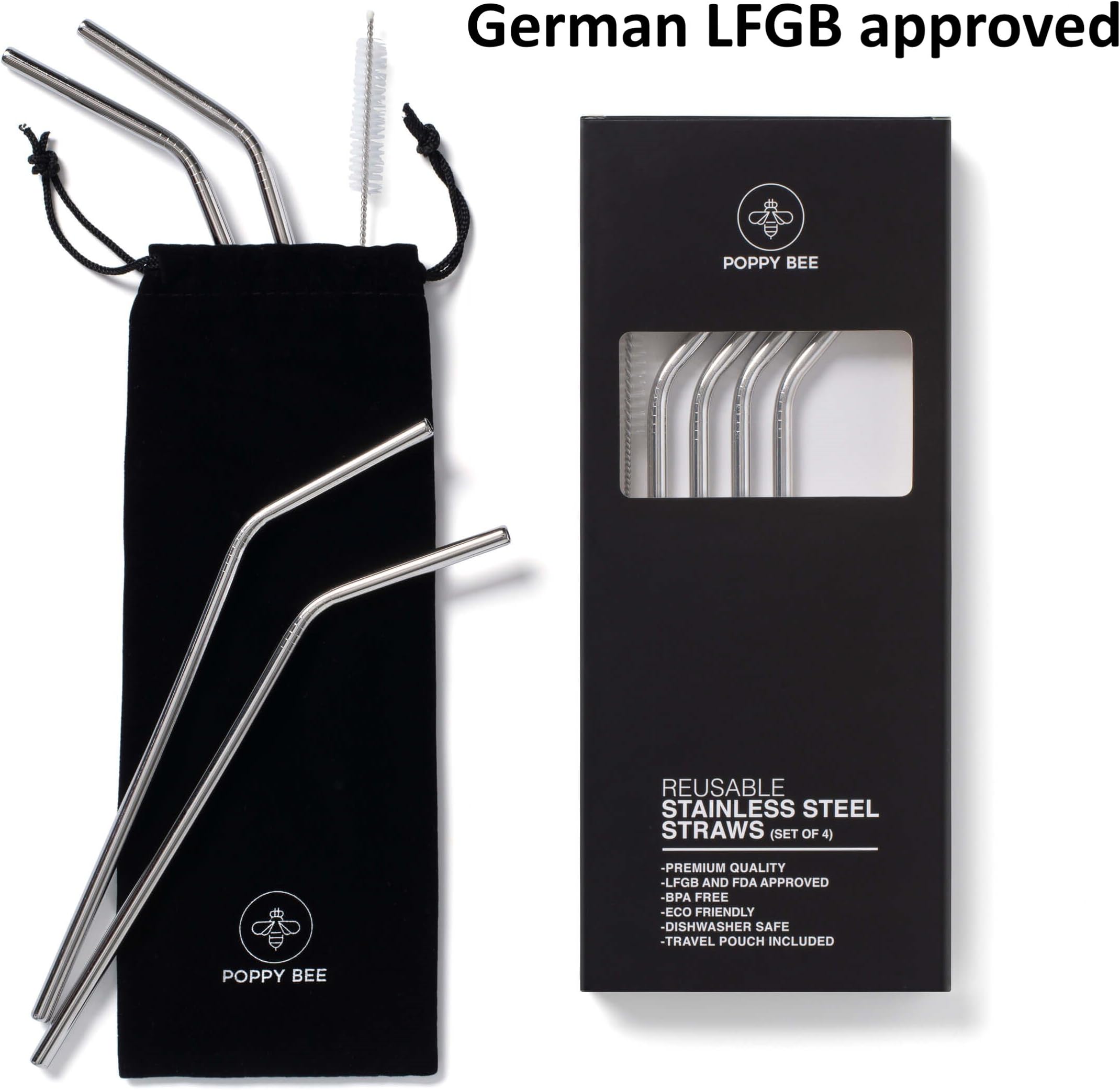 Poppy Bee Premium Stainless Steel Straws: Set of 4 Reusable, Dishwasher Safe and Eco-Friendly Kitchen Essentials with Cleaning Brush - Fits Containers Up to 500 ML, FDA and LFGB Certified