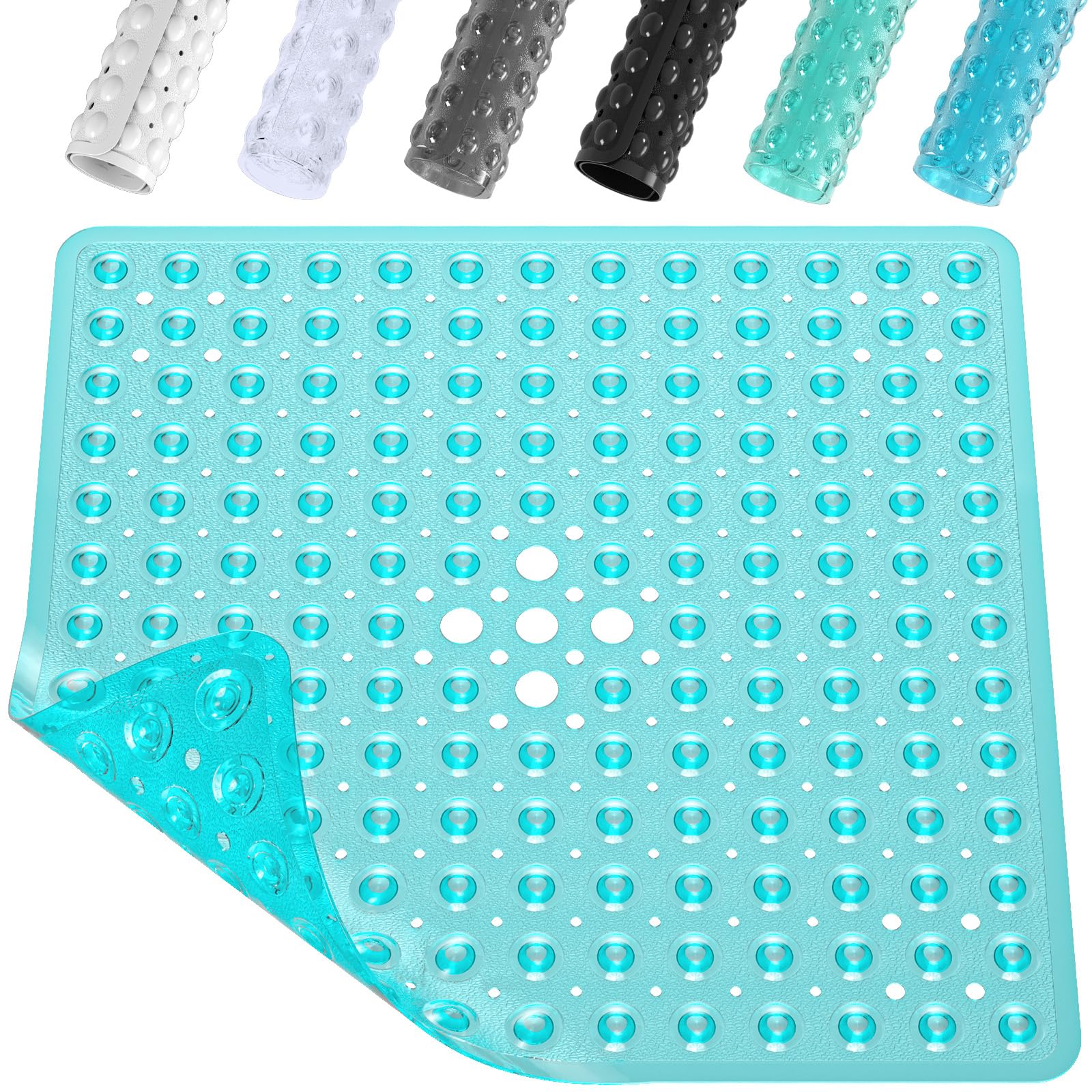 XIYUNTE Shower Mat Non Slip Anti Mould - 53 x 53cm Square Bath Mat Non Slip Shower Mats for Inside Shower, Anti Slip Shower Mat with Strong Suction Cups & Drain Holes, Machine Washable, Clear Green