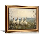 Vintage Gold Framed 3D Textured Wall Art Easter Four Rabbits In Meadow Oil Painting Wall Decor Picture Spring Cottagecore Nature Bunny Landscape Poster Print for Gallery Home Decoration 9x11in