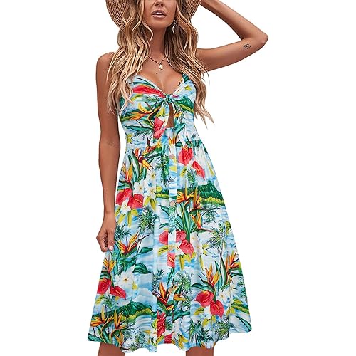 VOTEPRETTY Womens Summer Floral Sundress V Neck Tie Front Spaghetti Strap Dresses with Pockets