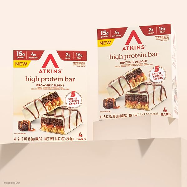 ATKINS HIGH PROTEIN BARS, BROWNIE DELIGHT FLAVOR, 15G OF PROTEIN, 4G NET CARBS, KETO PROTEIN BARS, LOW SUGAR, 4 COUNT