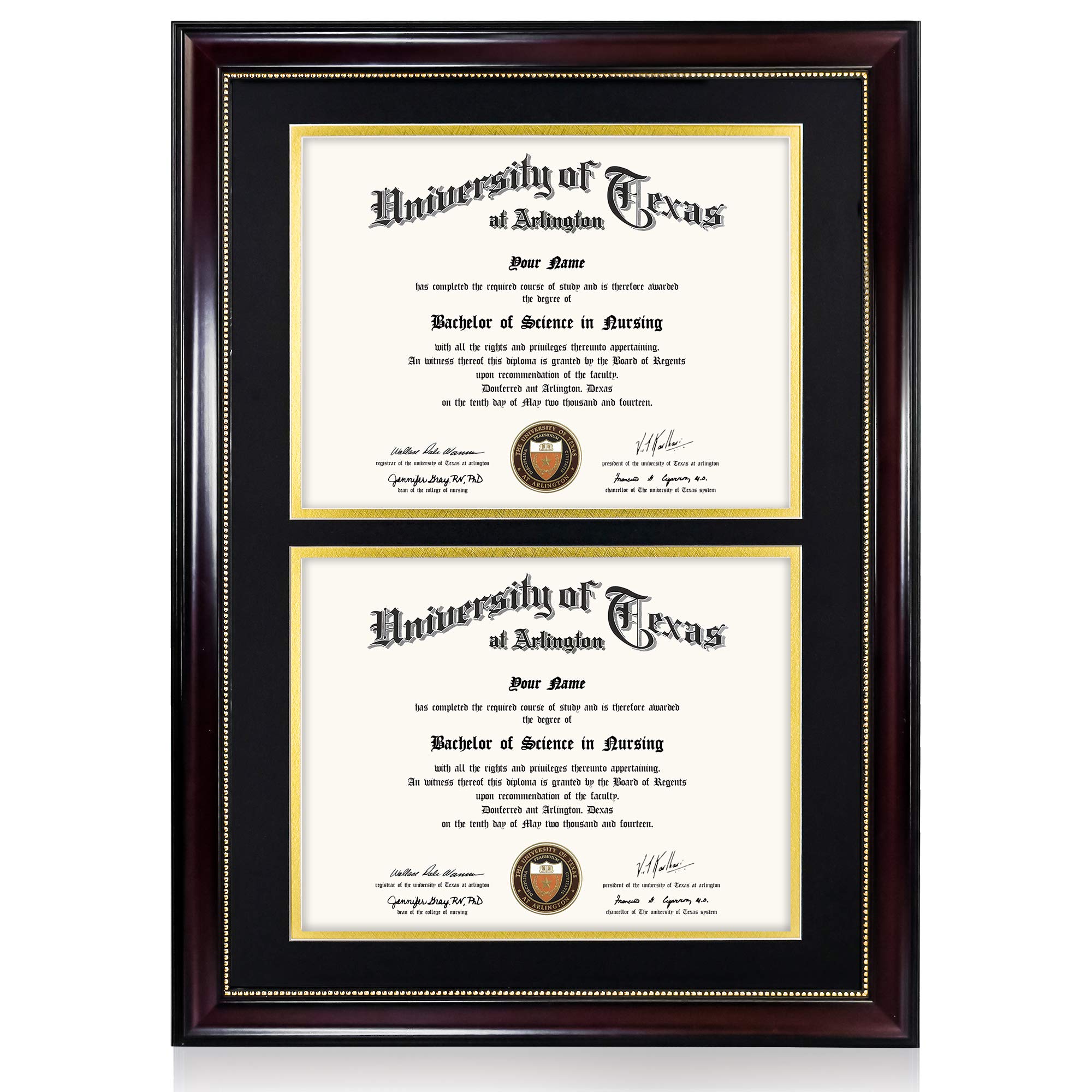 Photo 1 of * SEE SECOND PHOTO FOR DAMAGE ON ONE SIDE; CAN BE REPAIRED *  GraduationMall 14x20 Double Diploma Frame, Display 8.5x11 Certificate with Black over Gold Mat,Tempered Glass,Mahogany with Gold Beads