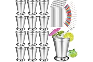 12 Sets Mint Julep Cups Silver with Straws 12 oz Stainless Steel Drinking Cups Beaded Mint Julep Cups Metal Cocktail Glasses 