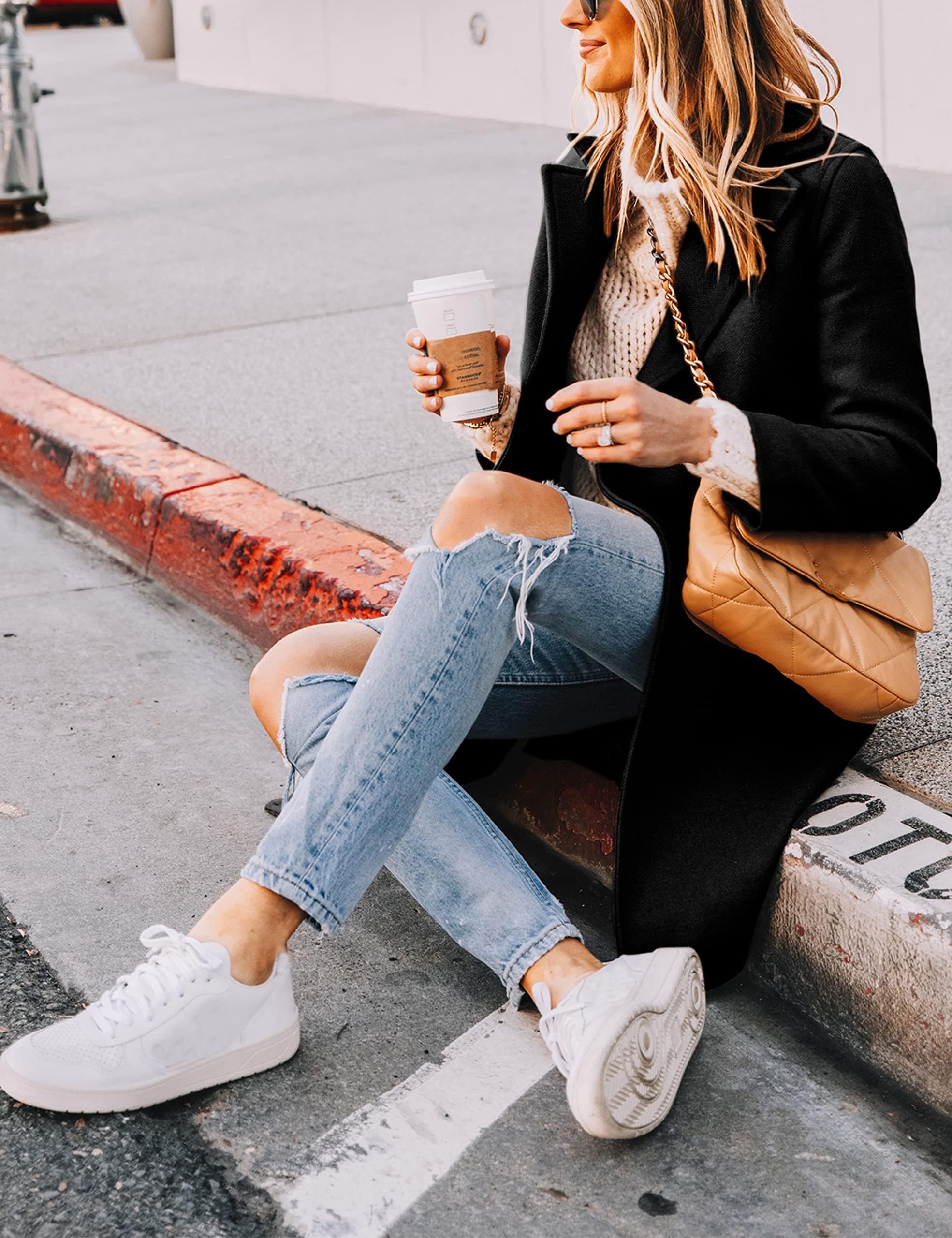 Tanming Women's Notch Lapel Double Breasted Wool Blend Mid Long Pea Trench Coat