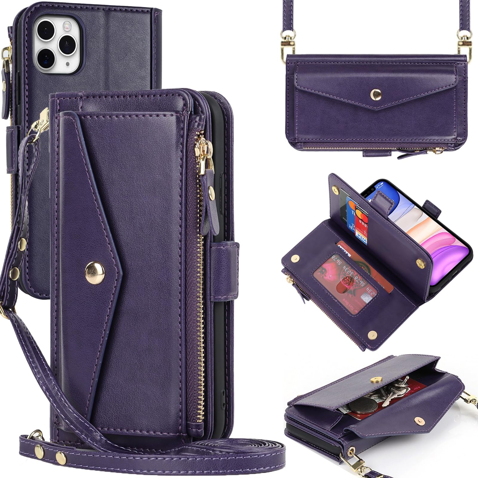 ZOUZT for iPhone 11 Pro Max Wallet Case for Women, Purse with Credit Card Holder Slots Crossbody Lanyard Strap Zipper Flip Book Shockproof Protective Phone Cover for Apple 11 Pro Max 6.5 Inch (Purple)