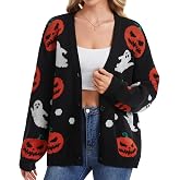 Women's Halloween Pumpkin Ghost Open Front Cardigan Button Kint Sweater | 85% Acrylic 15% Wool Blend Knit, Pumpkin Ghost Jacquard, Loose Long Sleeve Sweater for Fall Halloween Party Daily Outfits