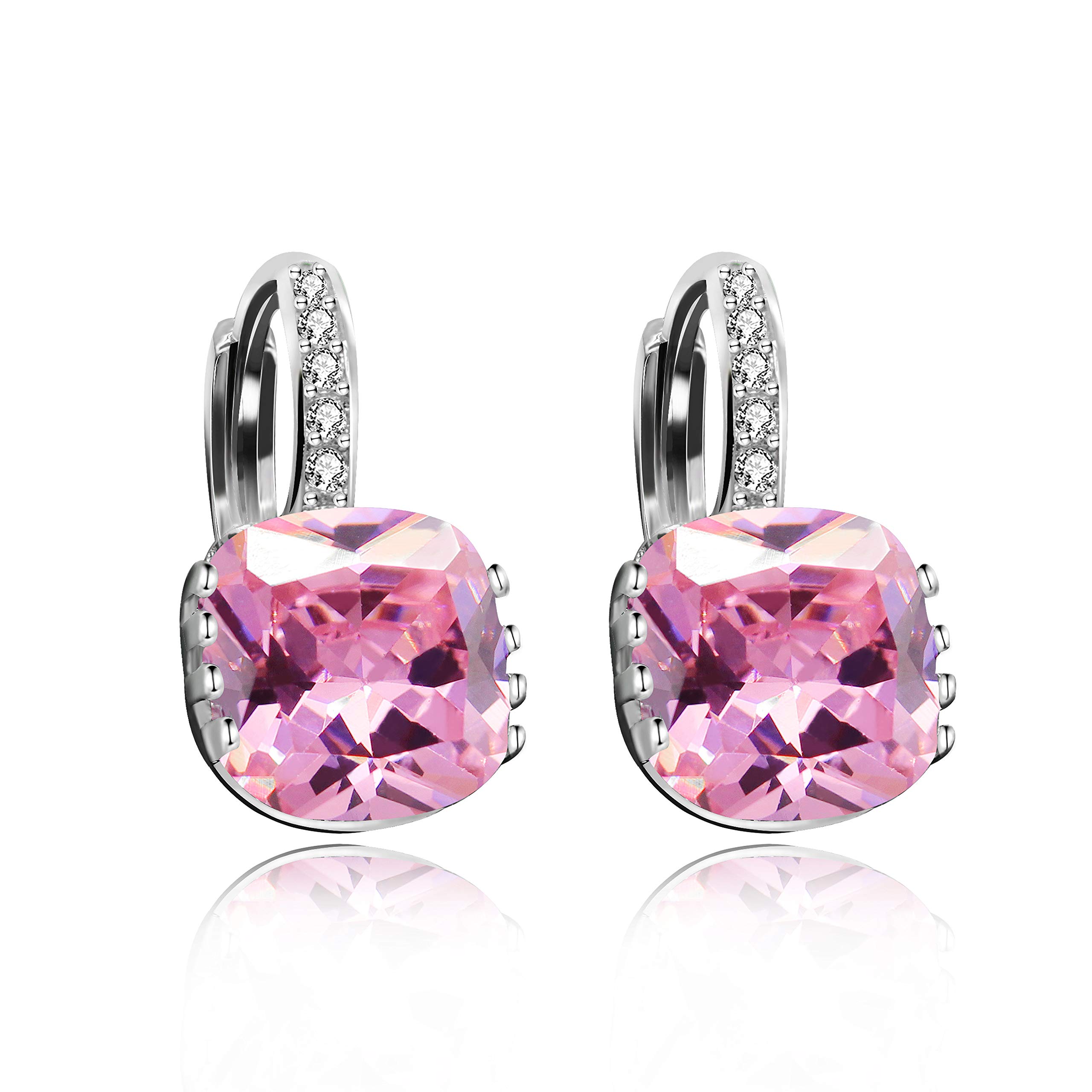 Uloveido Womens Rhodium Plated Square Rehinestone Earrings Rose Pink Cubic Zirconia Lever Back Earrings DML115