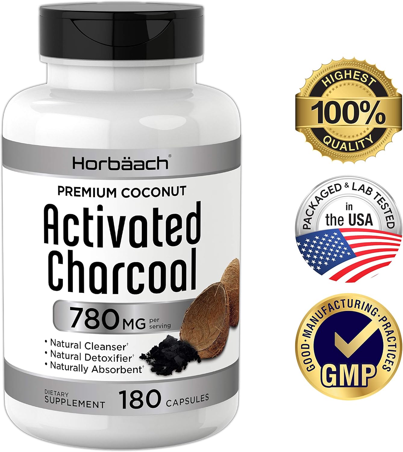 Horbaach Activated Charcoal 180 Capsules | from Coconut Shells | Non-GMO and Gluten Free Pills | Helps Bloating and Digestion: Health & Personal Care