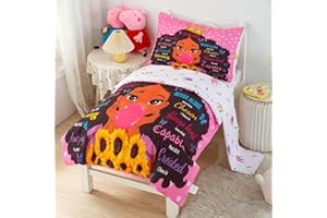 GRAT TIOC 4 Piece Toddler Bedding Set for Girls,Toddler Black Girl Magic Comforter Set,Black Princess Toddler Bed Comforter Set Includes Comforter, Flat Sheet,Fitted Sheet,Pillowcase