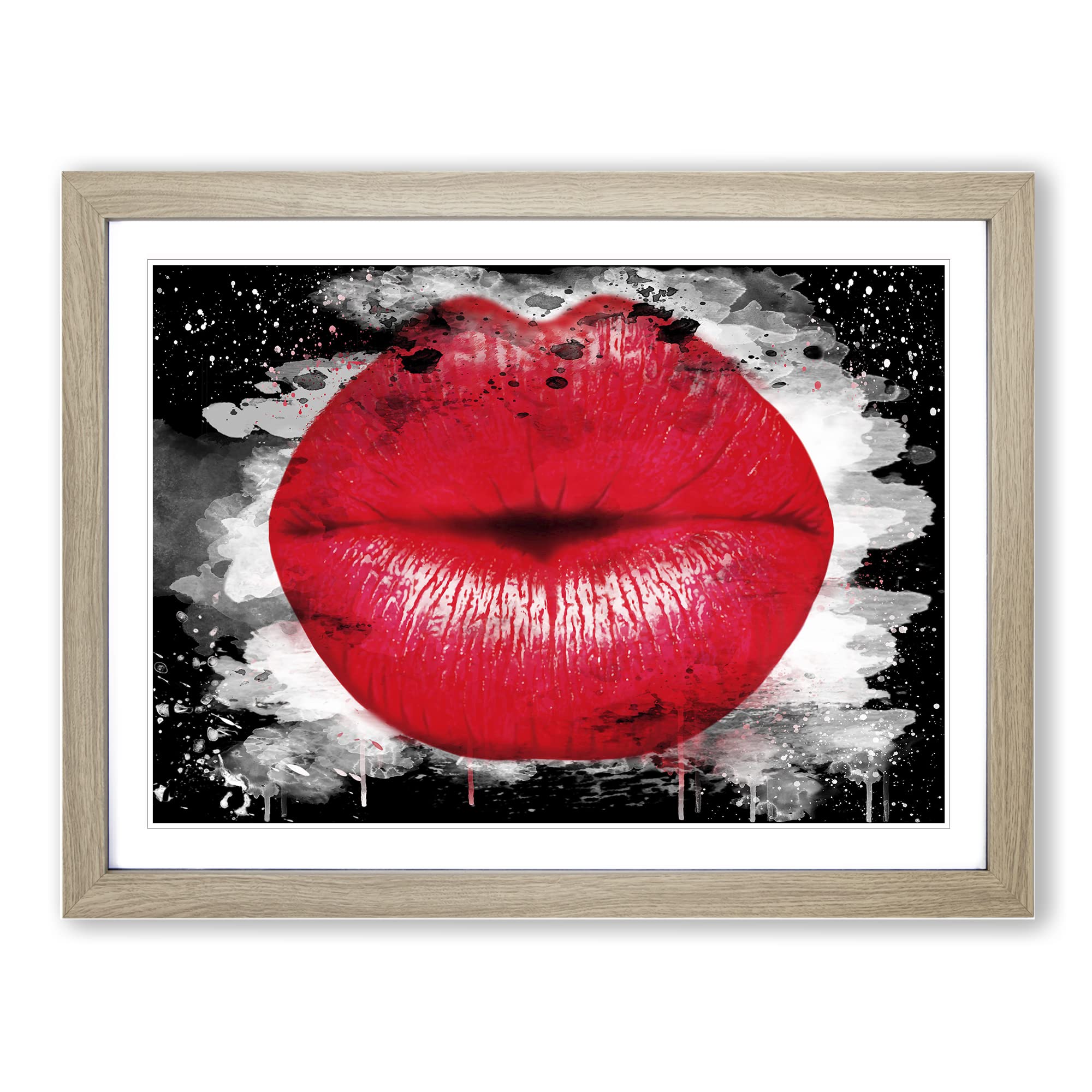 Red Lips Kiss Modern CB Framed Wall Art Print, Ready to Hang Picture for Living Room Bedroom Home Office Décor, Oak A4 (34 x 25 cm)