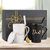 Dad and Mom Mug - Gift for Pregnancy Announcement - New Parent Gifts for Couples - Dad and Mom Coffee Mug Set for Christmas Anniversary Birthday 14 Oz With Gift Box Lid Spoon (Black&White)