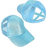 Girls Glitter Baseball Cap Criss Cross Hat, Girl High Ponytail Hat - Kids Trucker Hat with High Bun Messy Ponytail(Ages5-15)