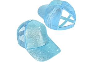 BROMZ Girls Glitter Baseball Cap Criss Cross Ponytail Hat Adjustable High Messy Bun Ponycap Kids Trucker Hat