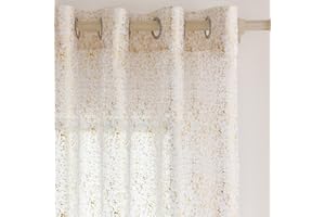 TERLYTEX Gold White Sheer Curtains 95 Inches Long, Metallic Gold Foil Spots Printed Sheer Shimmer Curtains for Living Room, Privacy Grommet Sparkle Curtains 2 Panels Set, 52 x 95 Inch, Gold White