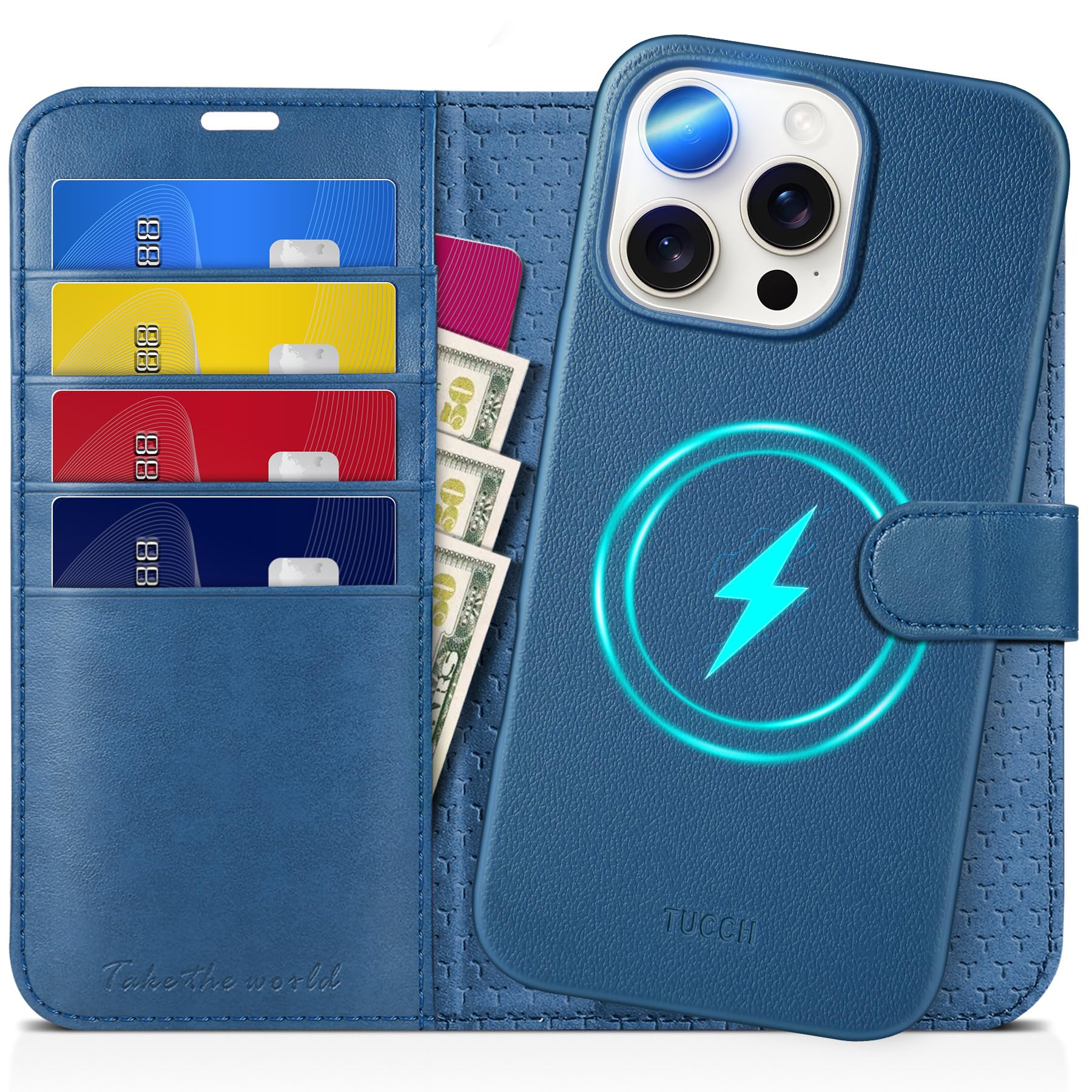 TUCCH Wallet Case for iPhone 16 Pro Max (6.9"), 2-in-1[Detachable]Stand RFID Blocking[Card Holders][Wireless Charging]Protective Magnetic PU Leather Folding Stand Removable Folio Cover, Full Lake Blue