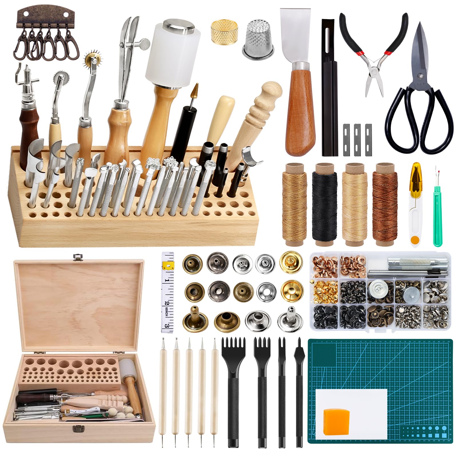 Jupean 458 Pieces Leather Kits, Leather Working Tools, Leathercraft Tools and Supplies with Instruction, Tool Holder, Stamps Set, Prong Punch, Hole Hollow Punch for DIY Craft