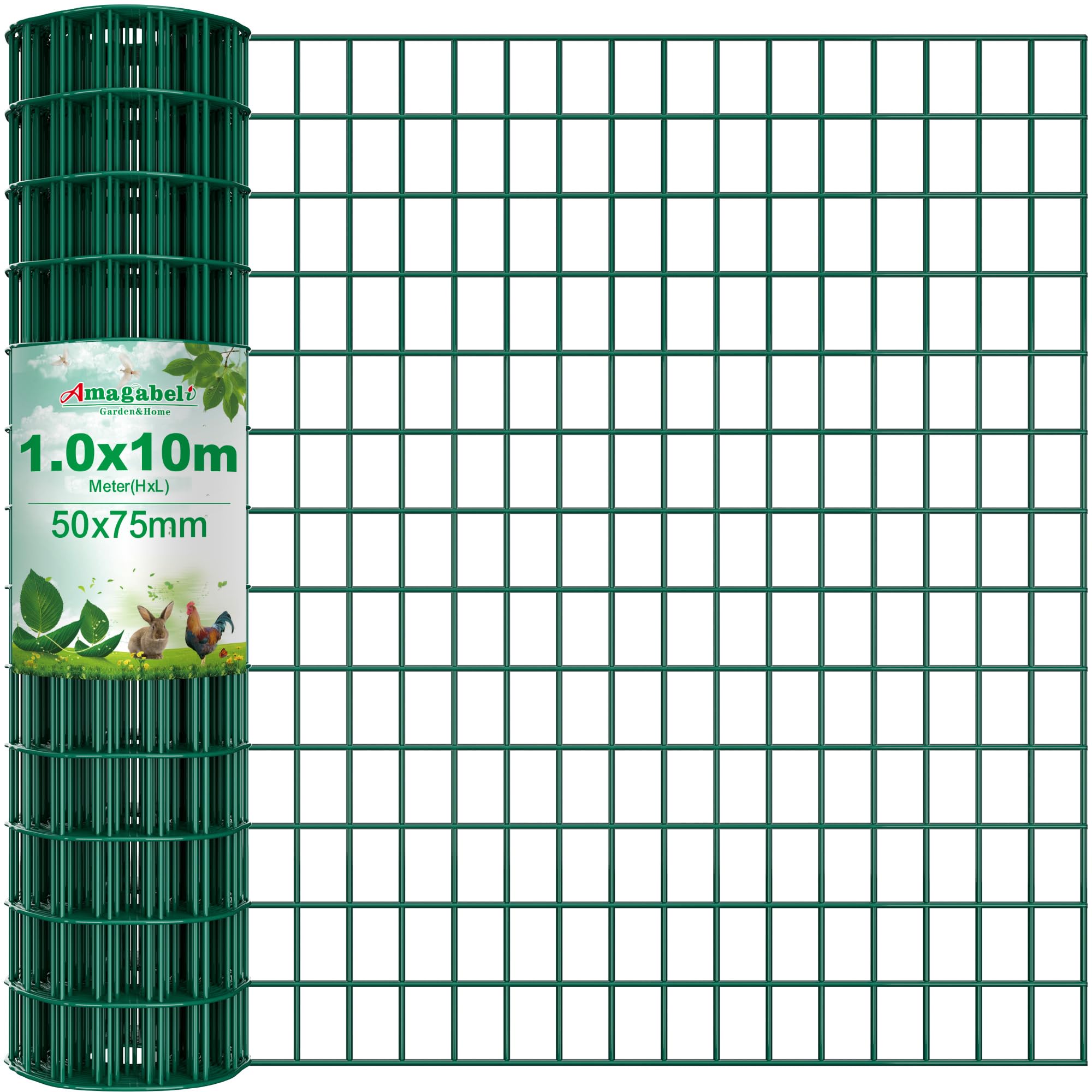 Amagabeli 1.0M x 10M Rust-Proof Green PVC Coated Galvanized Wire Mesh Fence Heavy Duty(50x75mm Mesh, 2.0mm Wire, RAL6005) Garden Fencing, Chicken Coop Barrier, Poultry Netting, Plant Support