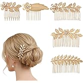 6pcs Leaf Hair Side Combs Gold Rhinestone Hair Comb Clips French Twist Hairs Slide Comb with Teeth Wedding Headpiece for Women Bride Bridesmaid Christmas Party Prom Dance Accessories